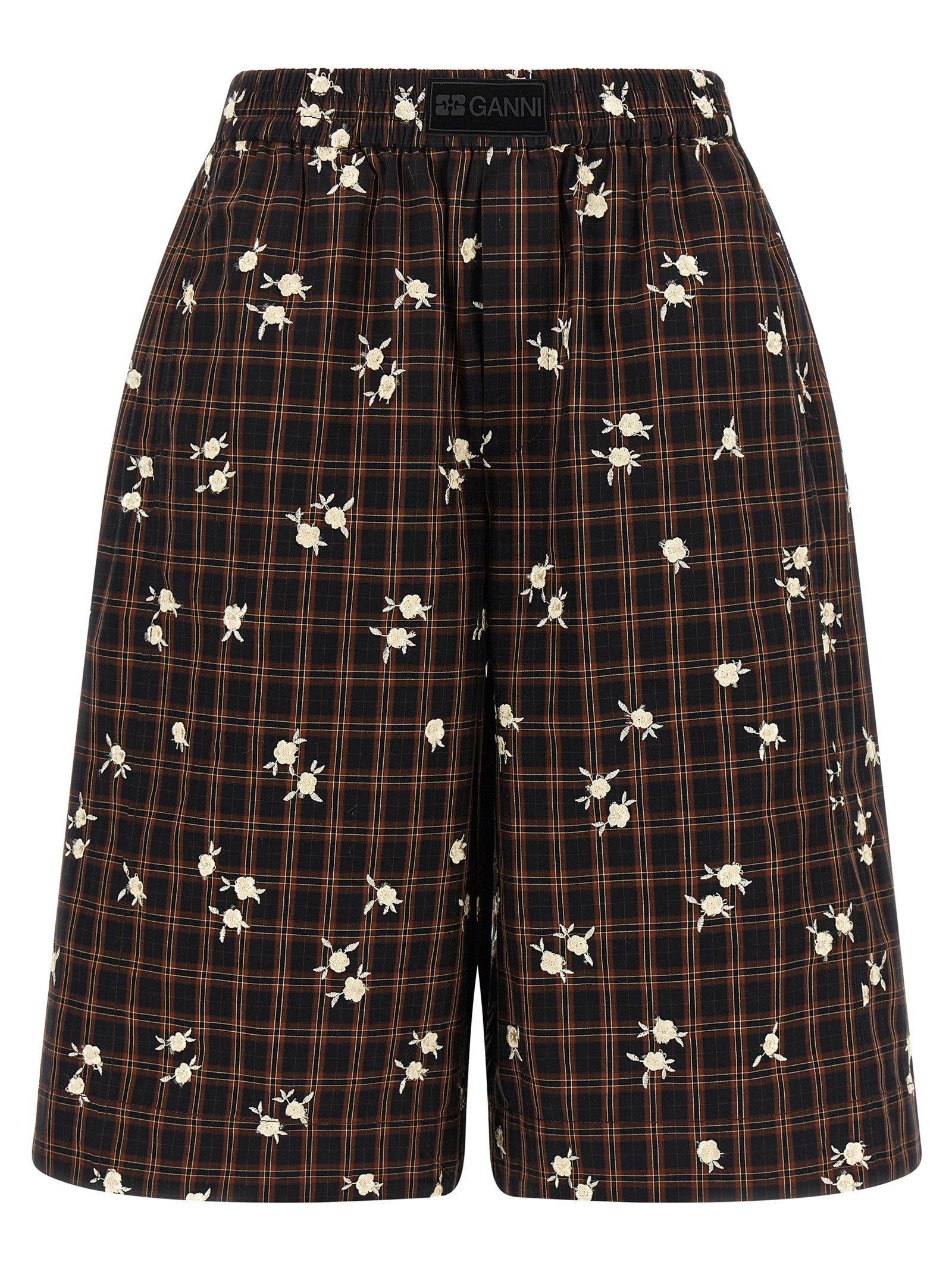 Ganni Check Flower Bermuda Shorts Brown