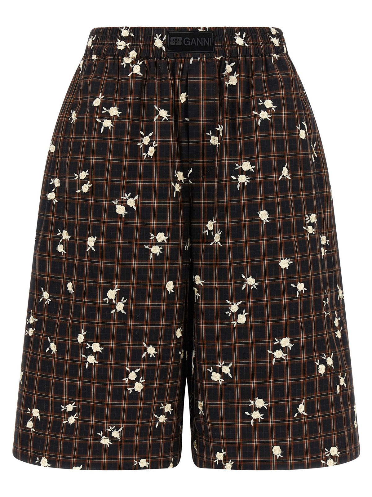 Ganni Check Flower Bermuda Shorts Brown