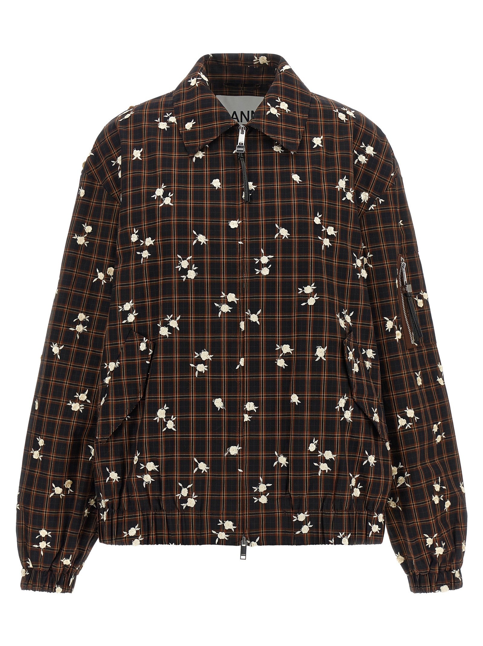 Ganni Check Flower Bomber Jacket Brown