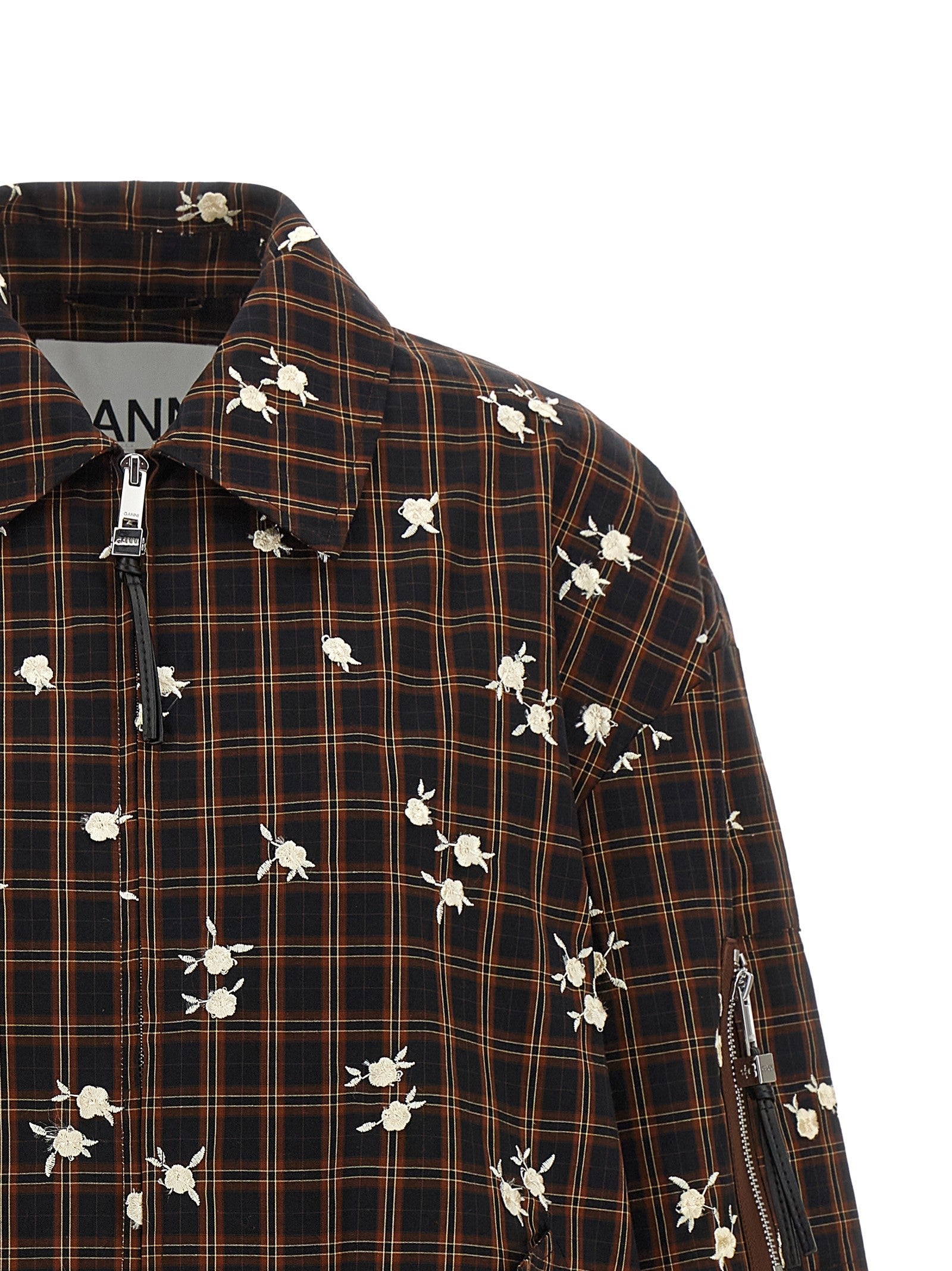 Ganni Check Flower Bomber Jacket Brown