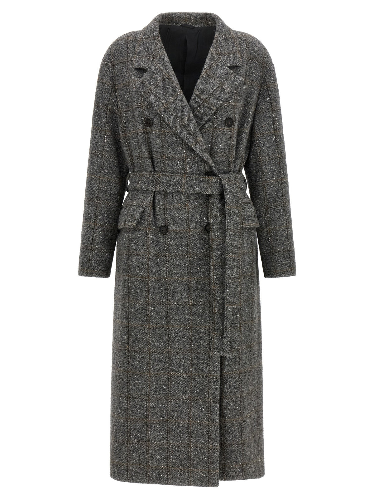 Brunello Cucinelli Check Tweed Coat Grey