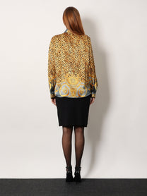 Versace Women's Cheetah Foulard Lavallière Silk Shirt Grey