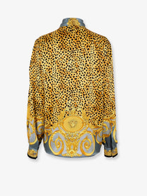 Versace Women's Cheetah Foulard Lavallière Silk Shirt Grey