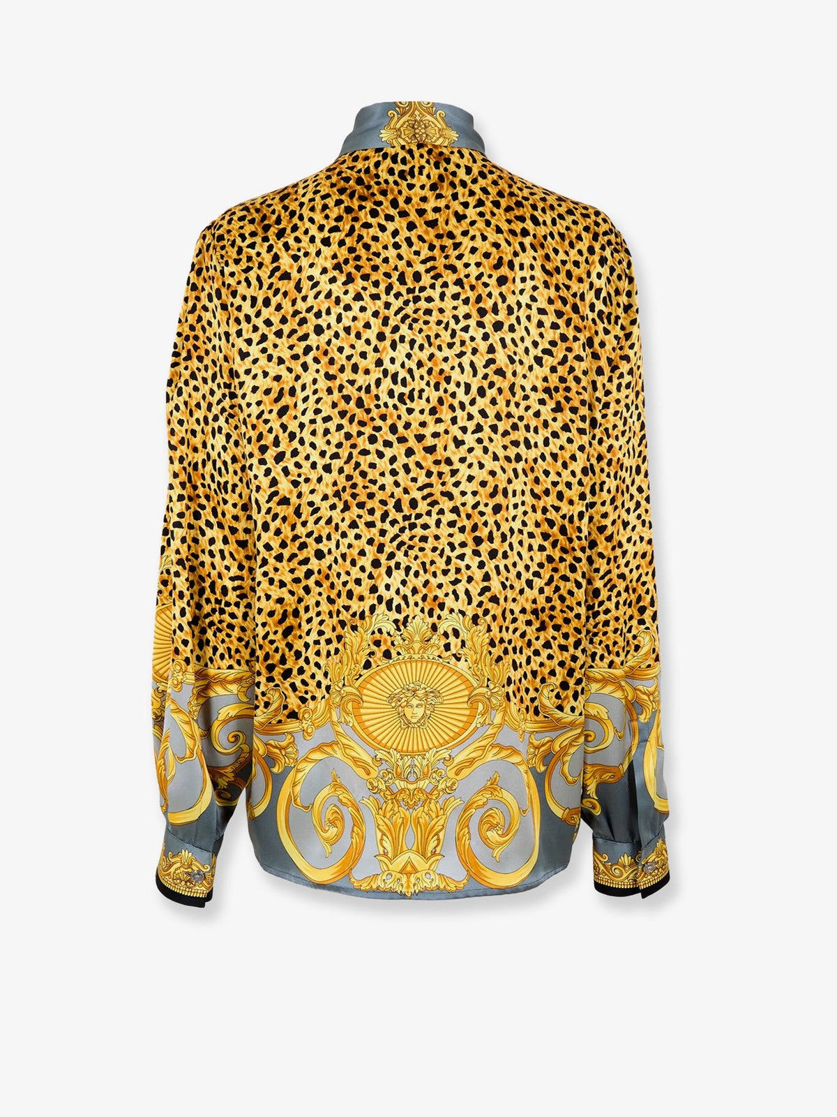 Versace Women's Cheetah Foulard Lavallière Silk Shirt Grey