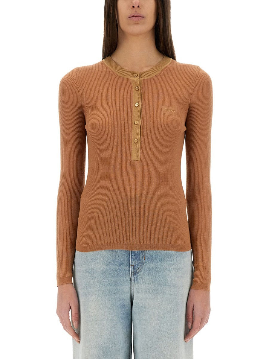CHLOE’ - Chloe’ Merino Wool Fine Knit ’Henley’ Shirt - Woman-&gt;Clothing-&gt;Tops