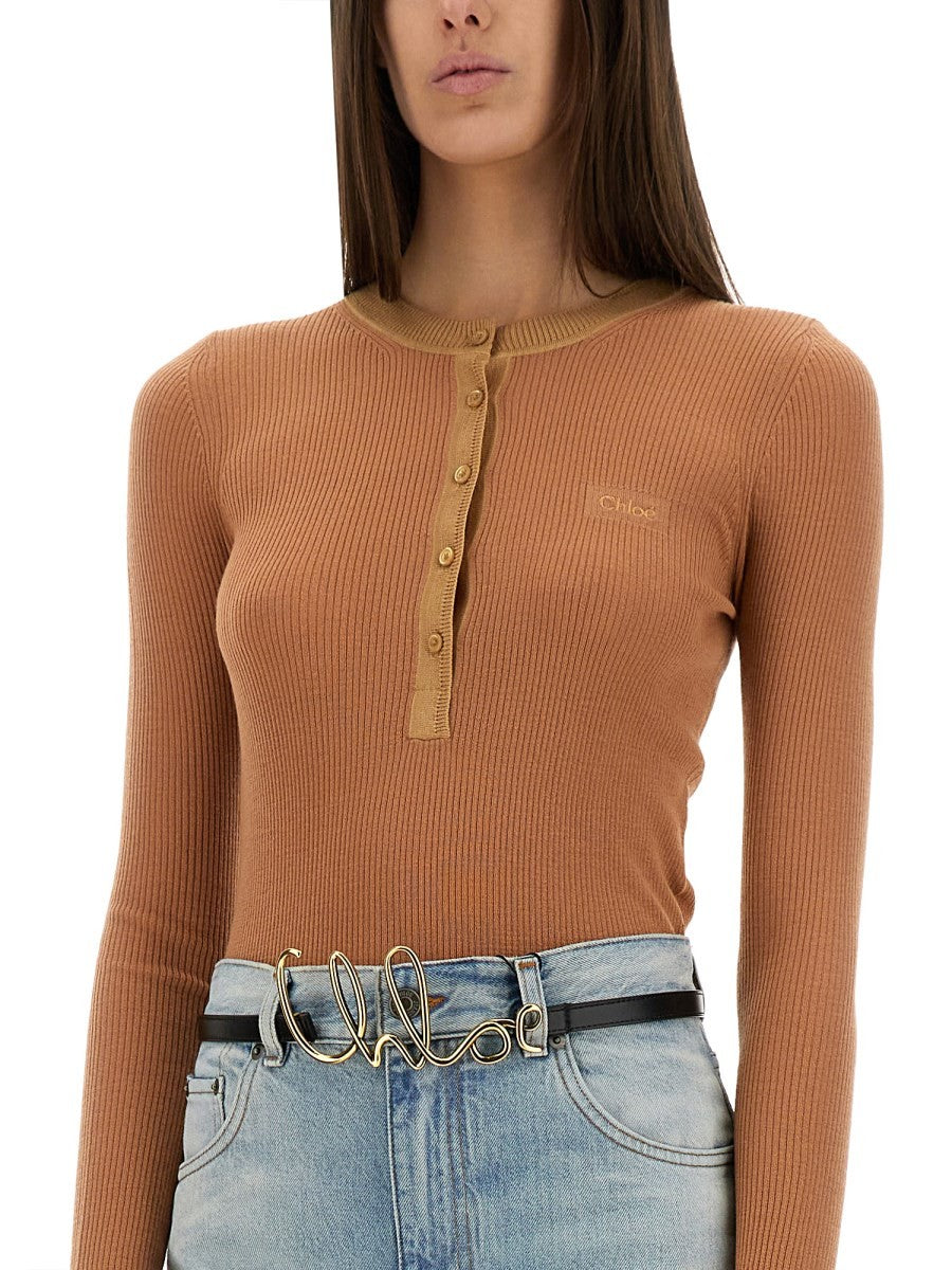 CHLOE’ - Chloe’ Merino Wool Fine Knit ’Henley’ Shirt - Woman-&gt;Clothing-&gt;Tops