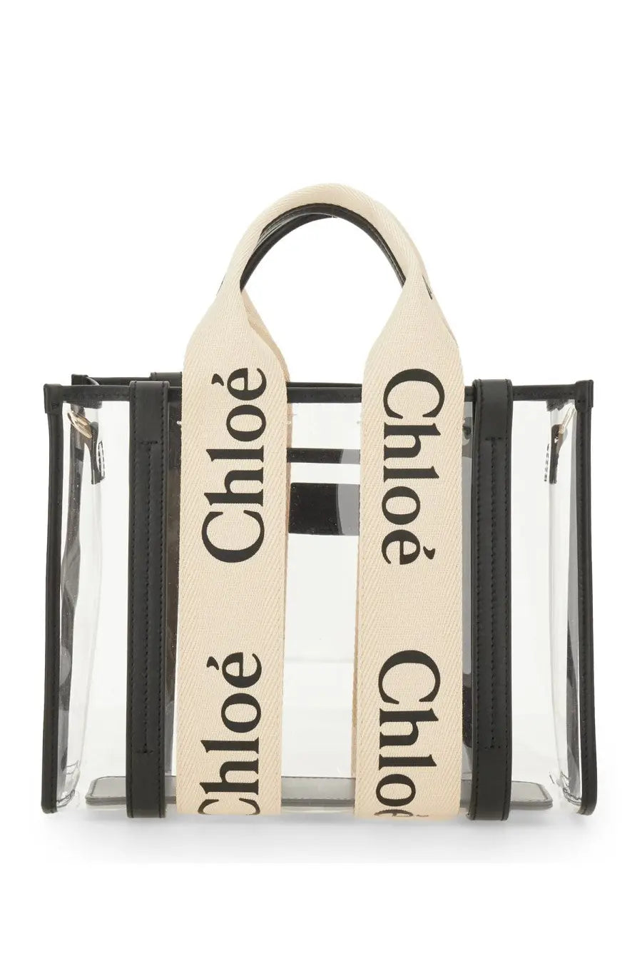 Chloé women’s clear plastic tote bag woody black with black trim cream canvas handles and bold logo lettering