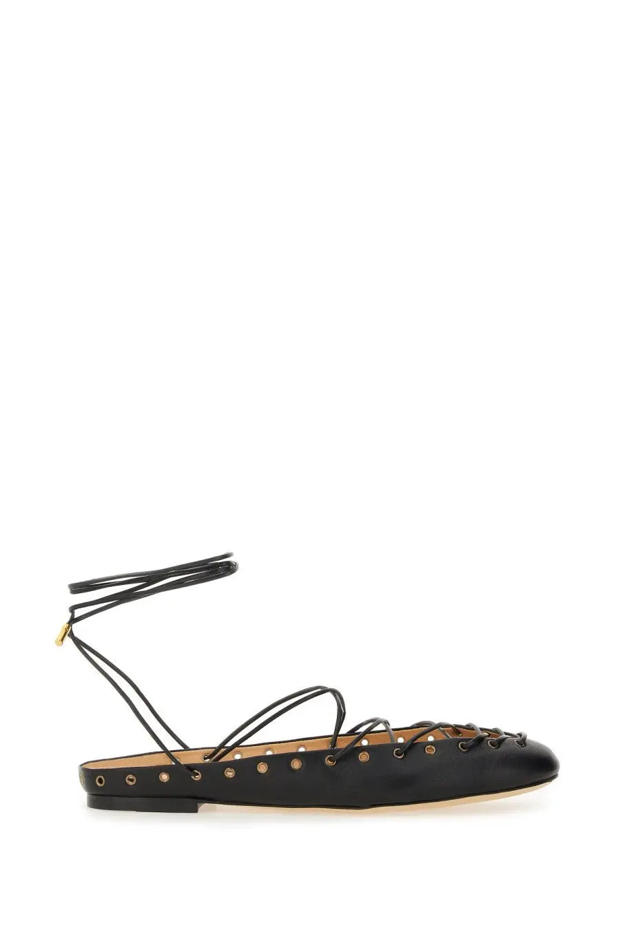 Chloé women’s ballerina ghillies black leather flat sandal with crisscross lacing and gold-tone eyelets