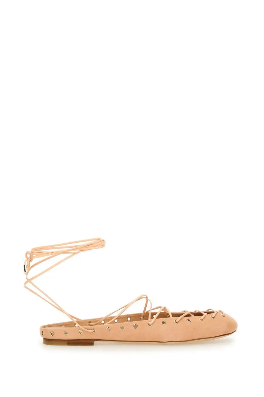 Beige suede flat sandal with delicate lace-up straps and decorative metal eyelets from Chloé women’s ballerina ghillies blue
