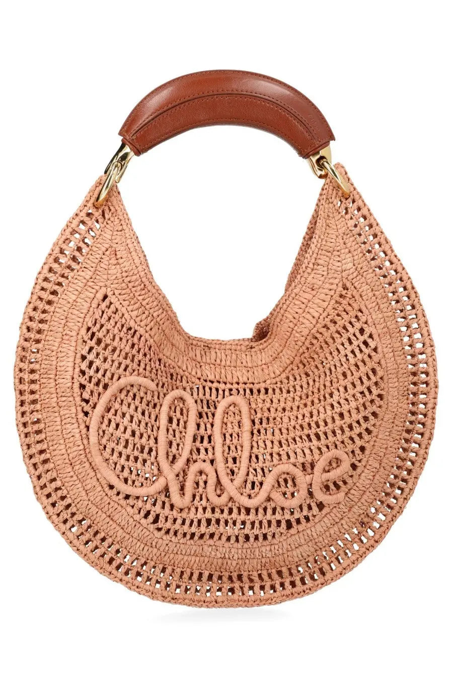Beige woven straw chloé hobo bag with brown leather handle and gold hardware in borsa hobo summer banana blue collection