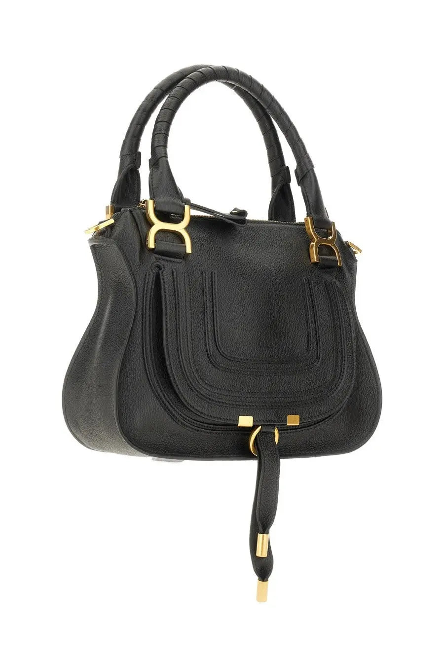 Chloé women’s borsa marcie black leather handbag with gold-tone hardware and braided handles