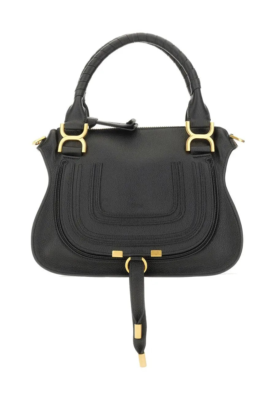 Chloé women’s borsa marcie black leather handbag with gold-tone hardware and distinctive curved design
