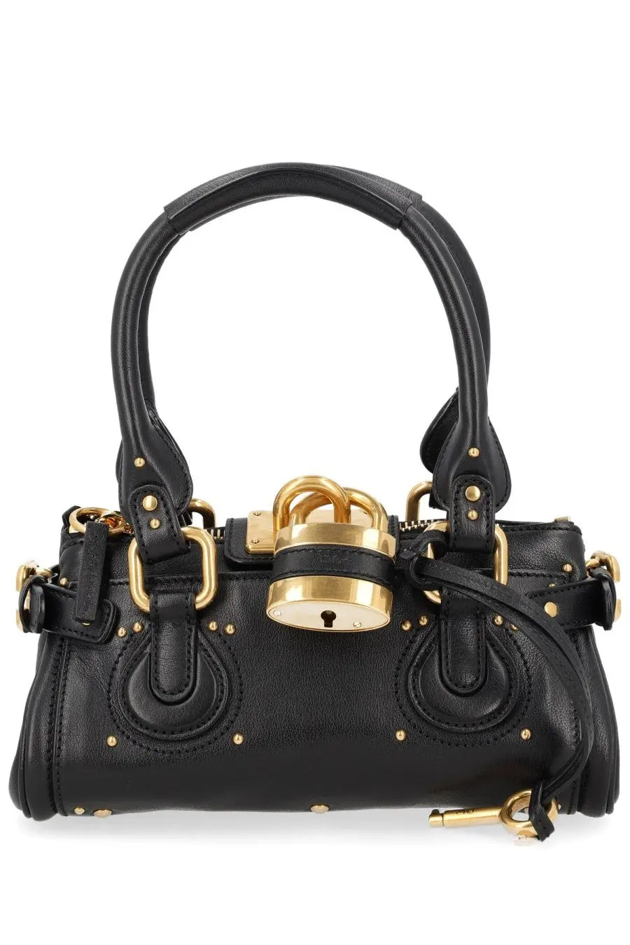 Chloé women’s borsa paddington small black leather handbag with gold-tone hardware and prominent padlock clasp