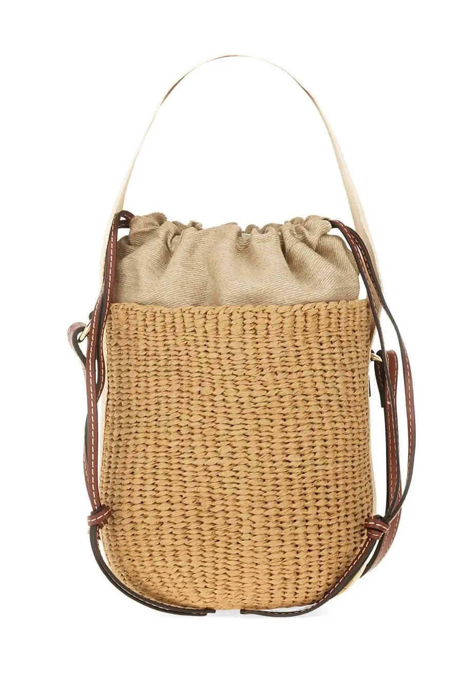 Beige woven straw bucket bag with brown leather straps and drawstring top by chloé women’s borsa secchiello woody white