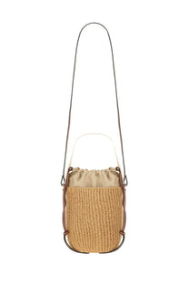 Chloé women’s borsa secchiello woody white woven straw bucket bag with beige drawstring and brown leather trim