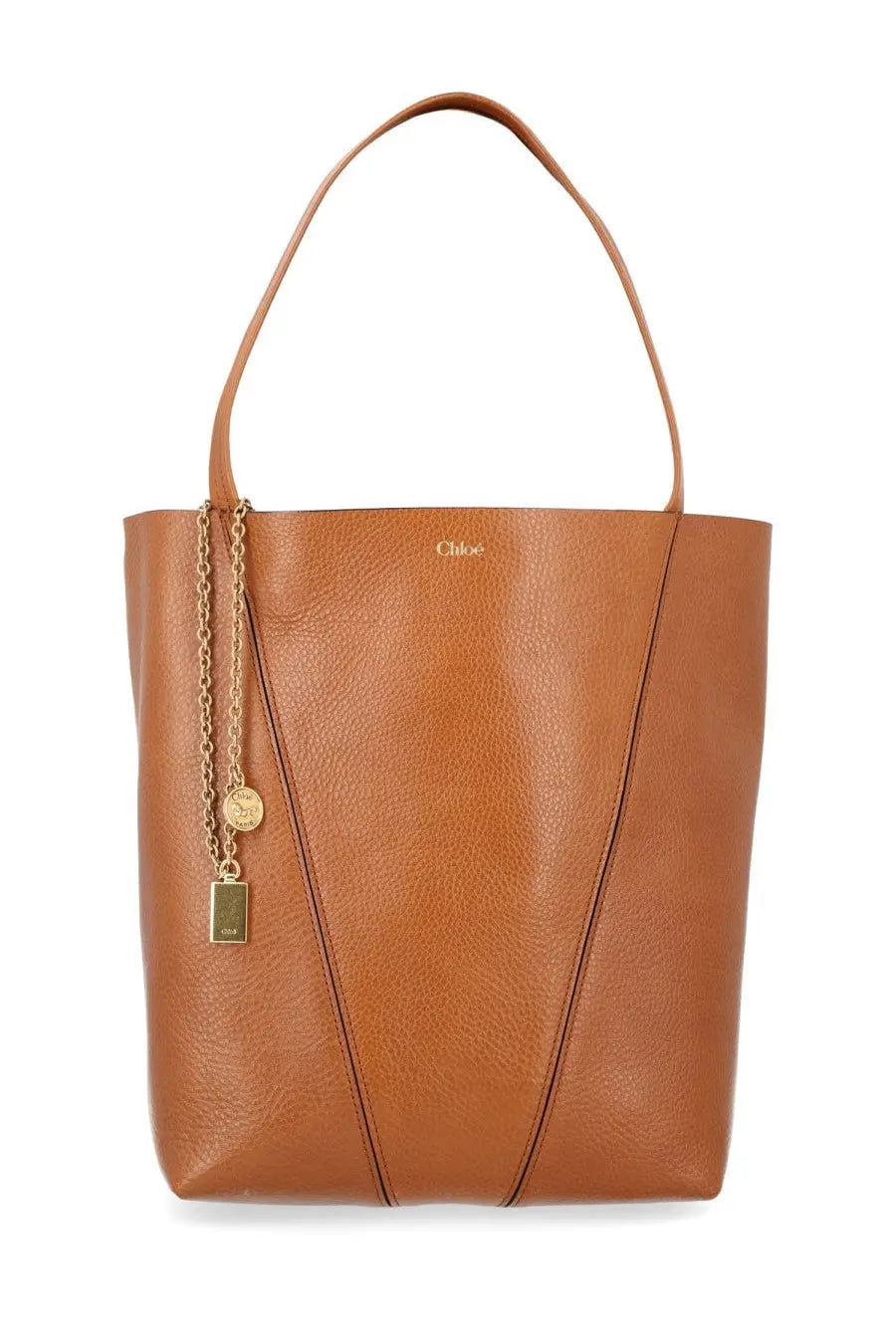 Tan leather chloé borsa tote with gold-tone chain and tag accents in medium brown for women