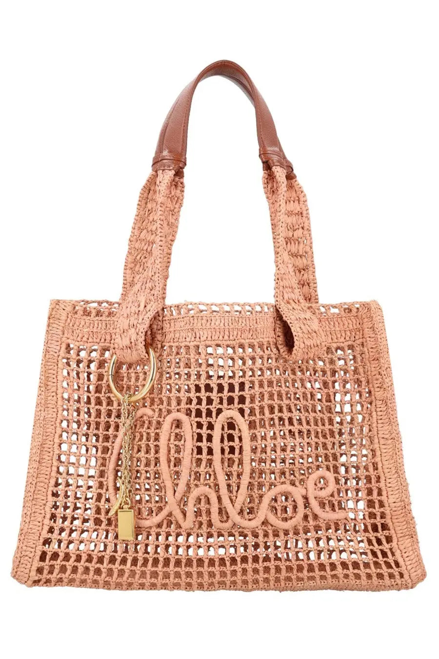 Chloé women’s borsa tote summer banana east west blue peach woven straw bag with brown leather handles and gold logo charm