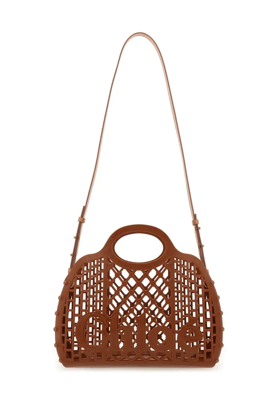 Brown chloé cage tote bag with hollow plastic body, matching leather shoulder strap, and brand logo detailing