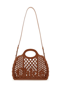 Brown chloé cage tote bag with hollow plastic body, matching leather shoulder strap, and brand logo detailing