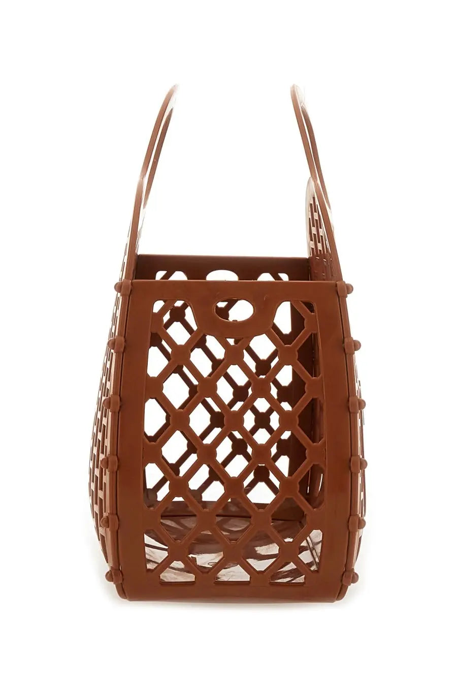Brown plastic chloé cage tote bag with geometric lattice pattern and rounded handles for women