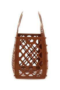 Brown plastic chloé cage tote bag with geometric lattice pattern and rounded handles for women