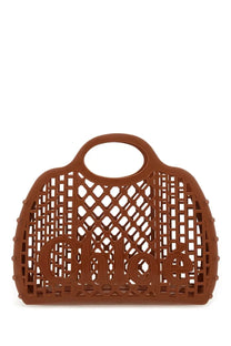 Brown plastic chloé women’s cage tote bag featuring a lattice design and embossed logo