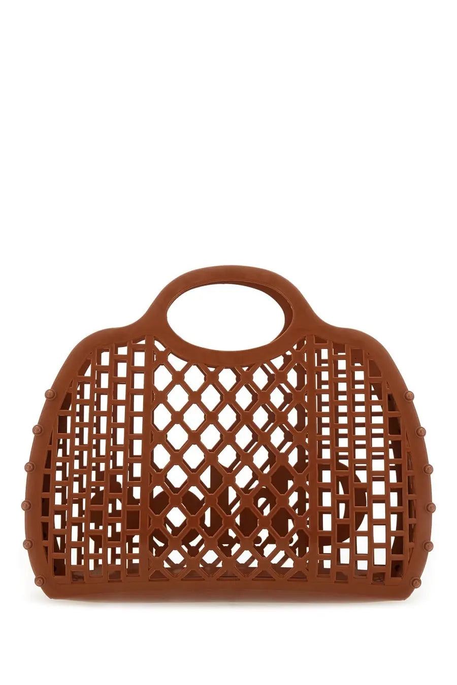 Brown plastic mesh chloé cage tote bag with rounded top handle and decorative rivets along the sides