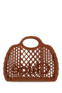 Brown plastic mesh chloé cage tote bag with rounded top handle and decorative rivets along the sides