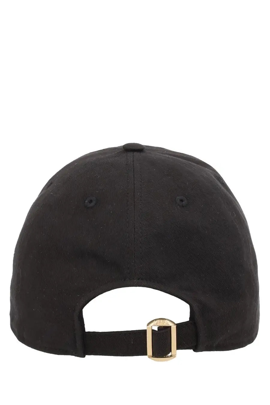 Black chloé women’s baseball cap showing the back with a gold-tone buckle and adjustable strap