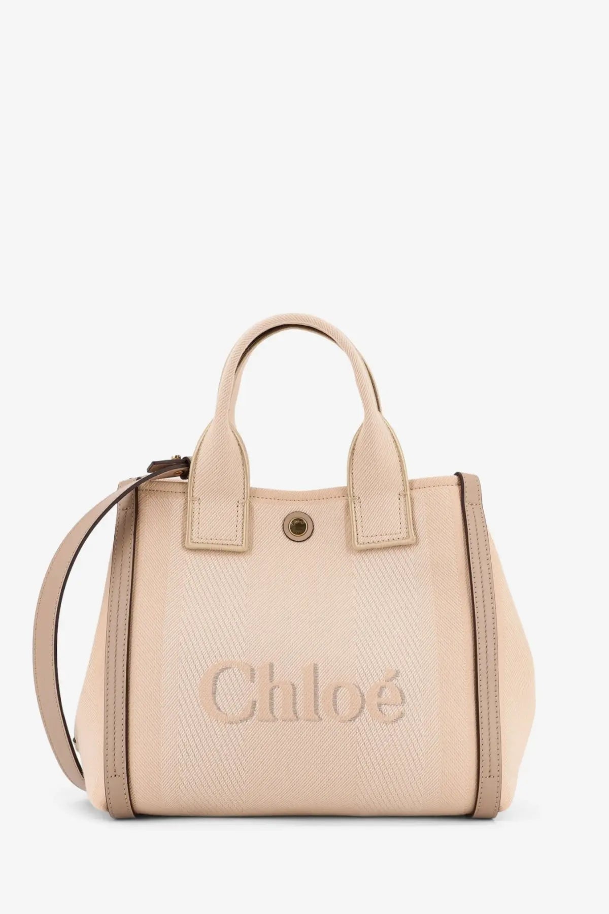 Beige textured leather tote bag with embossed chloé logo and matching handles for women by chloé