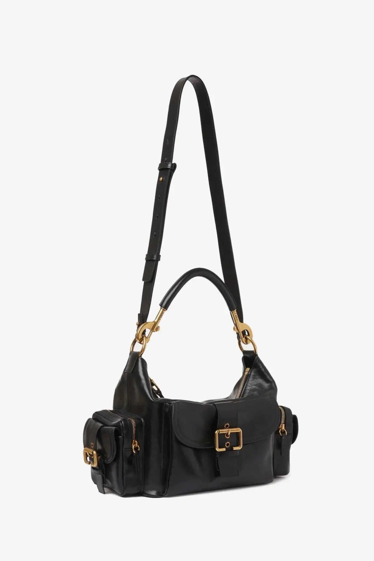 Chloé women’s carry shiny buffalo leather black crossbody bag with gold-tone hardware and multiple pockets