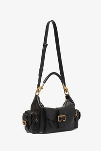 Chloé women’s carry shiny buffalo leather black crossbody bag with gold-tone hardware and multiple pockets