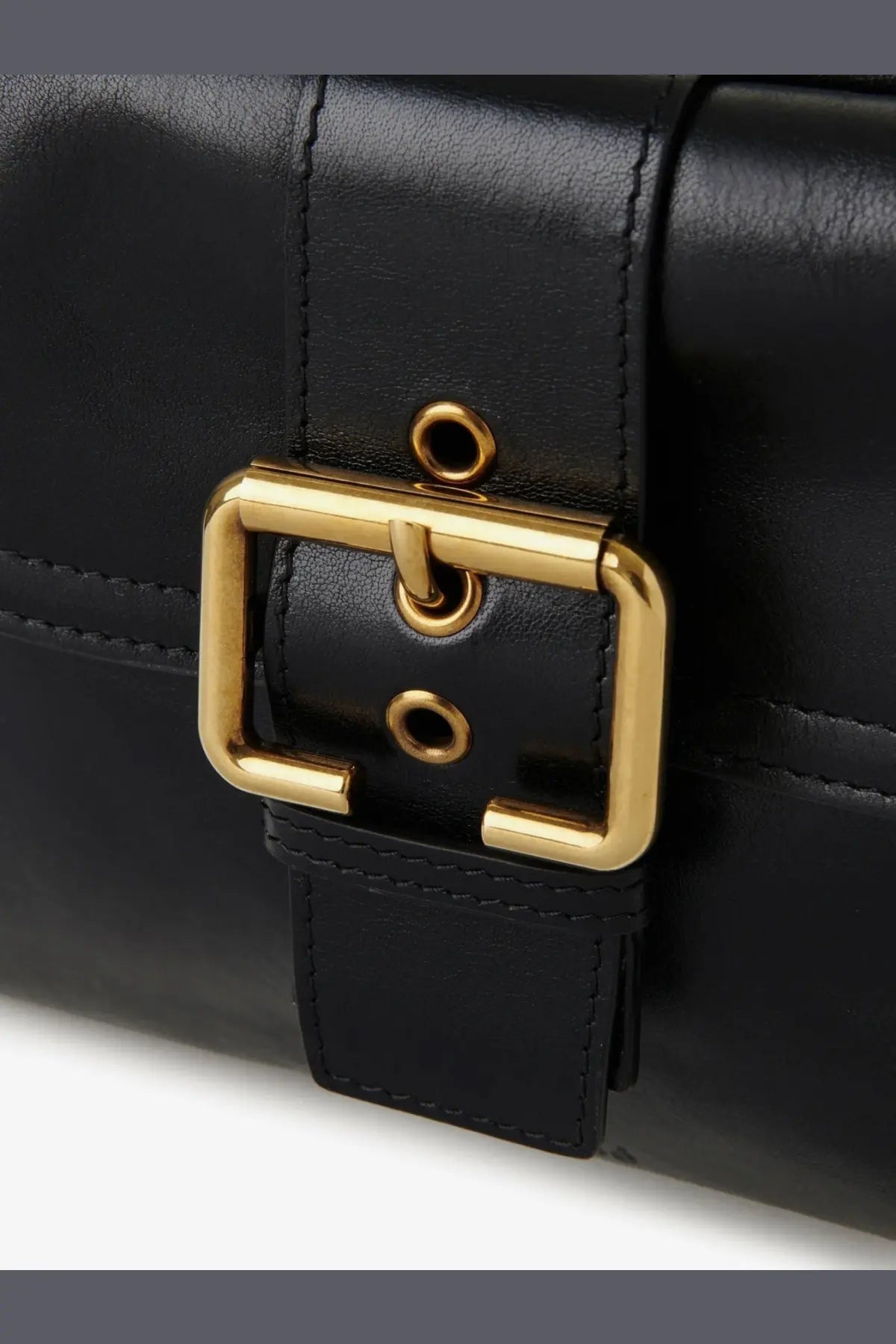 Chloé women’s black shiny buffalo leather shoulder bag with gold-tone rectangular buckle showing front view