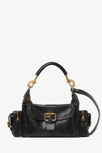 Chloé women’s carry shiny black buffalo leather shoulder bag with gold-tone hardware and front buckle closure