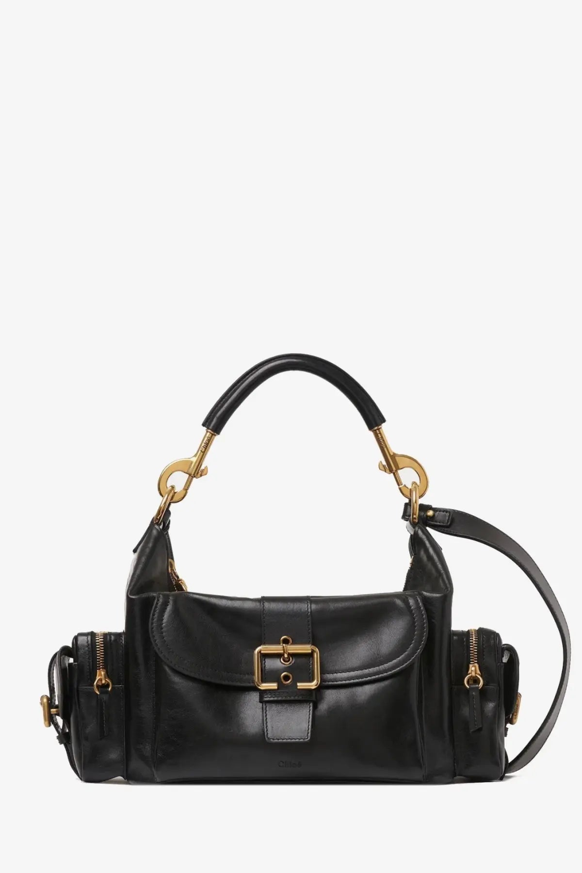 Chloé women’s carry shiny buffalo leather shoulder bag in black with gold-tone hardware and front buckle closure