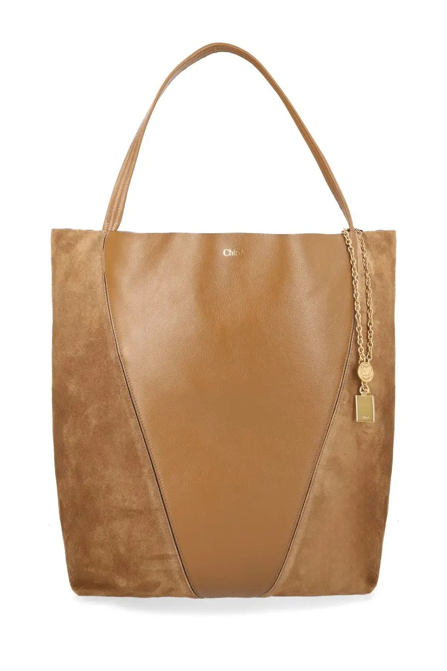 Tan suede and leather chloé women’s spin tote bag with gold-tone chain strap charm in brown