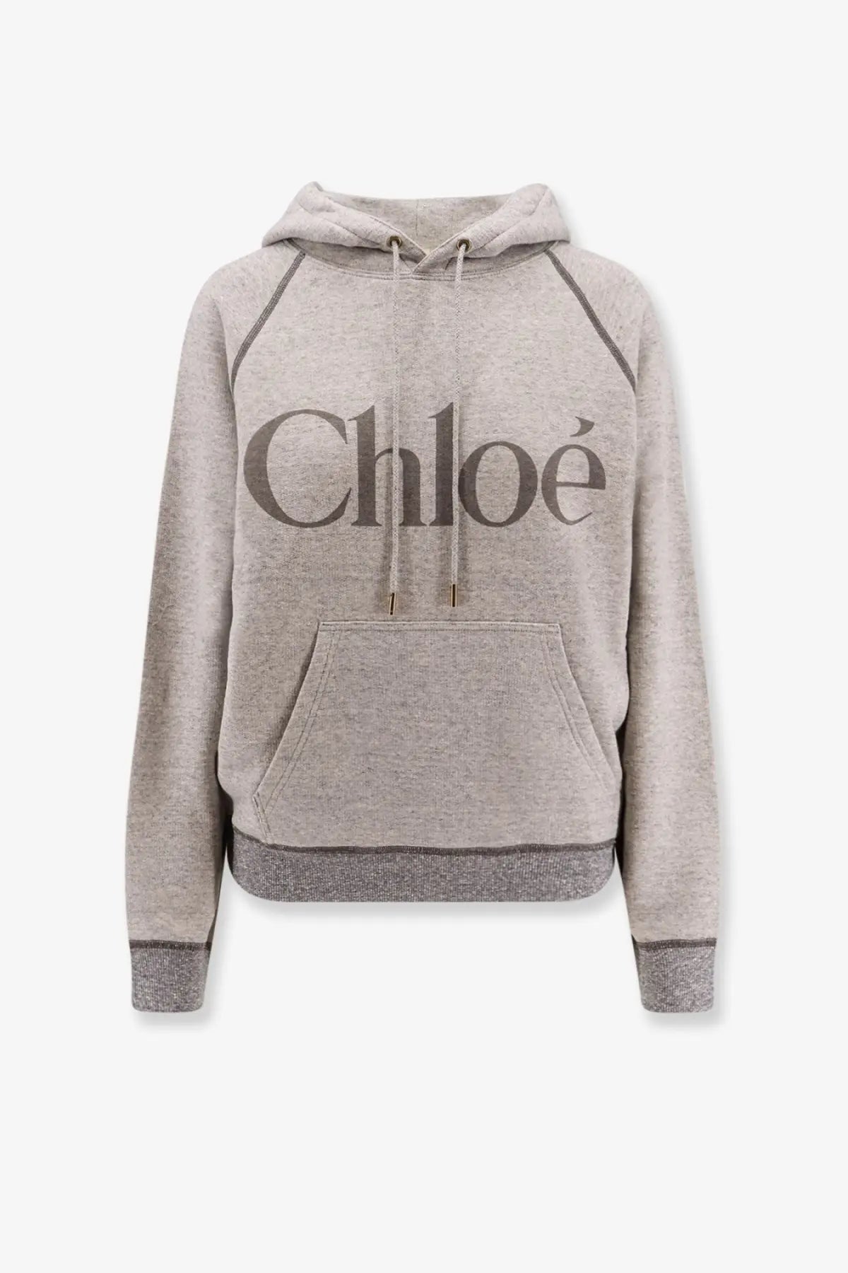 A heather gray chloé women’s cotton blend sweatshirt with a bold black logo and dark gray trim on sleeves hem and cuffs