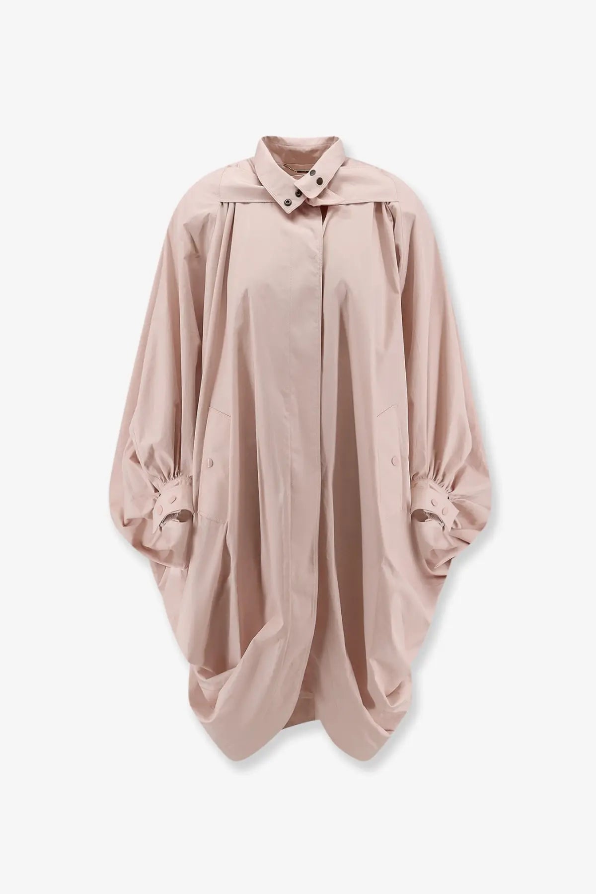 Chloé women’s cotton cape coat blue with a soft blush pink oversized shirt featuring a structured collar and voluminous sleeves
