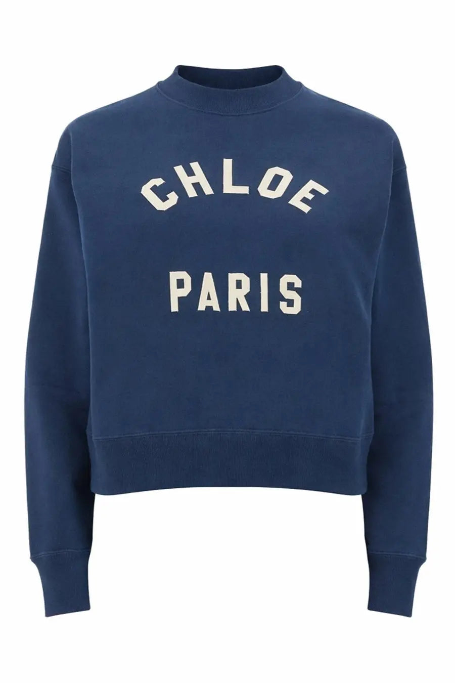 Navy blue cotton fleece cropped sweatshirt with chloe paris cream block letters on chest womens pullover