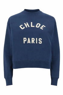 Navy blue cotton fleece cropped sweatshirt with chloe paris cream block letters on chest womens pullover