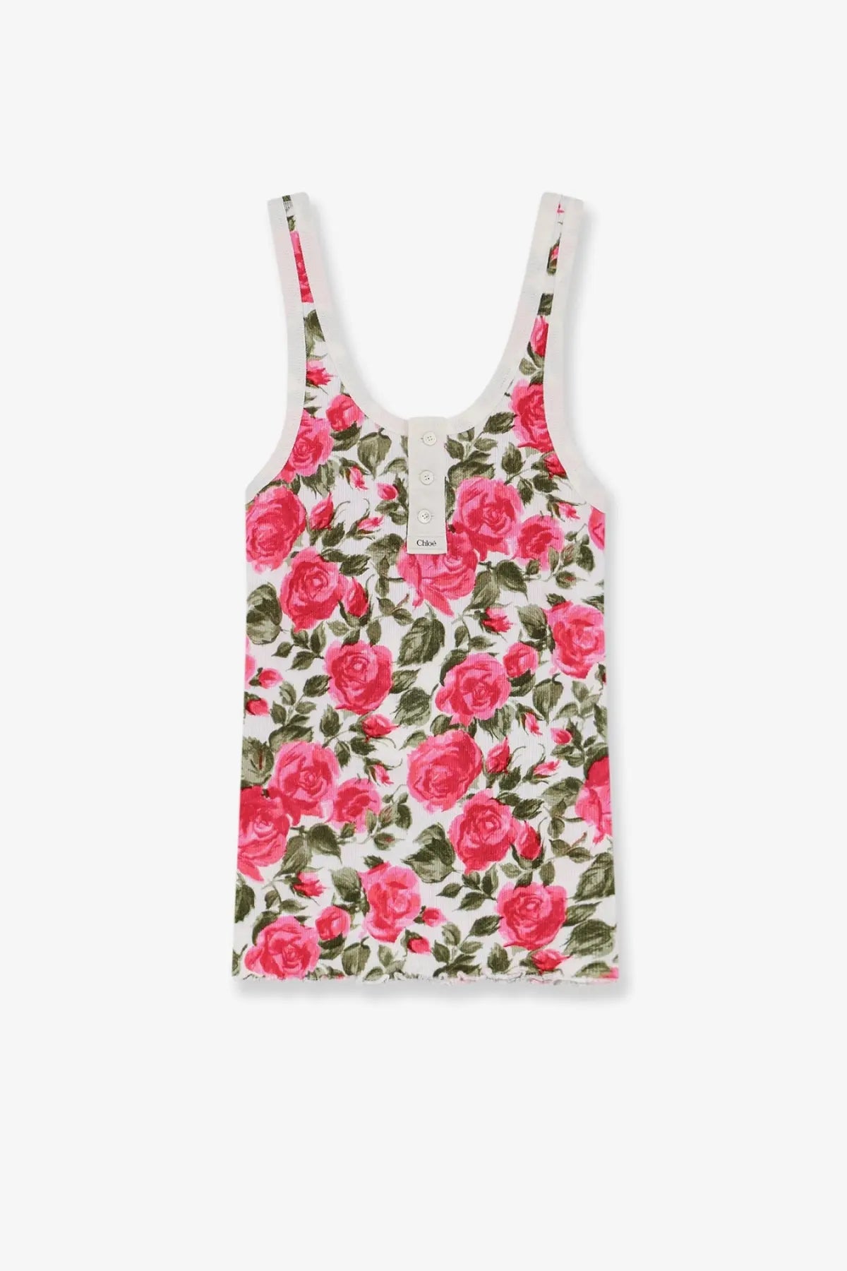 Chloé women’s white cotton henley tank top with thin straps and vibrant pink rose floral pattern
