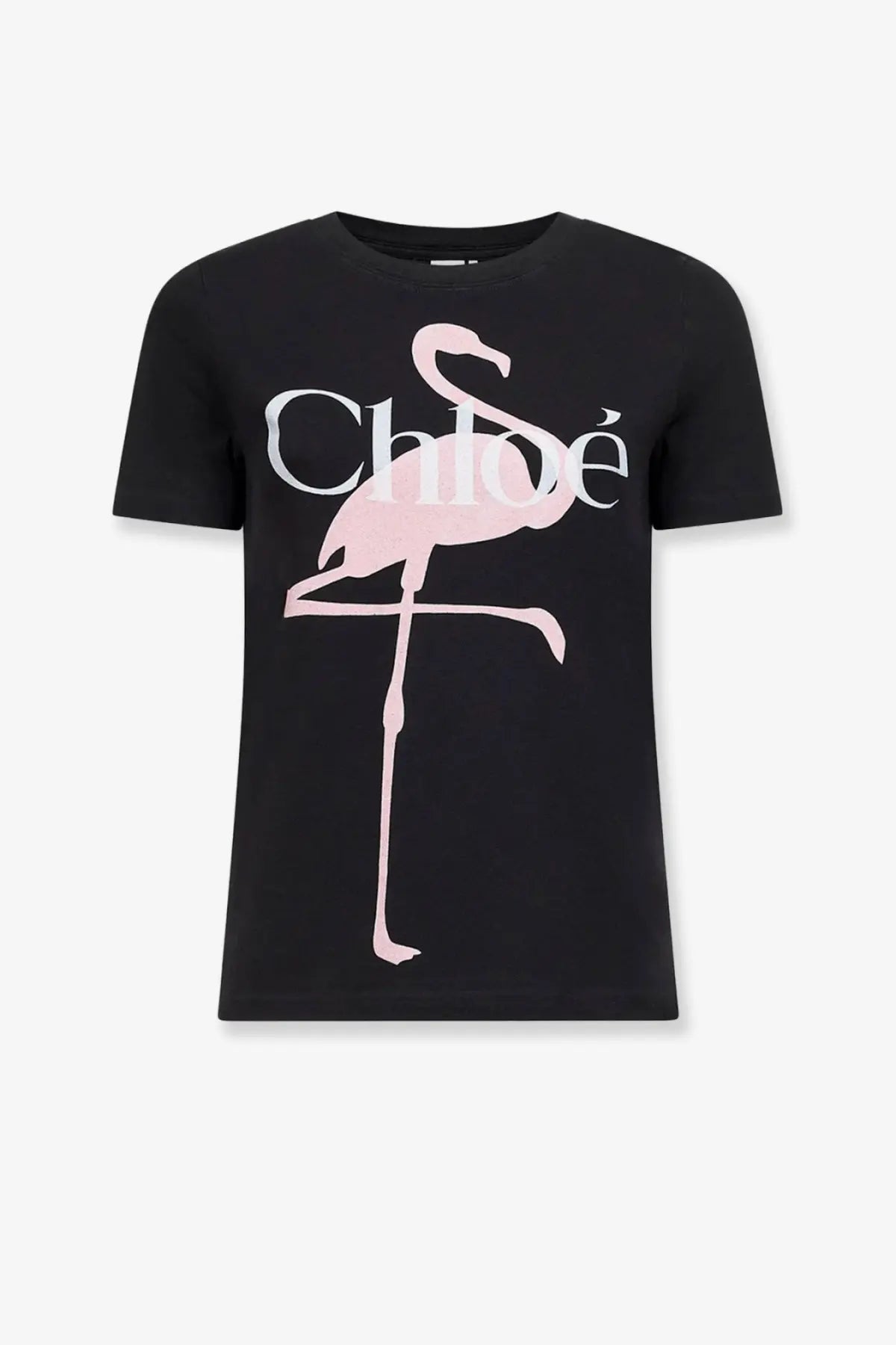 Black short-sleeved cotton t-shirt for women featuring a pink flamingo graphic with chloé branding across its body