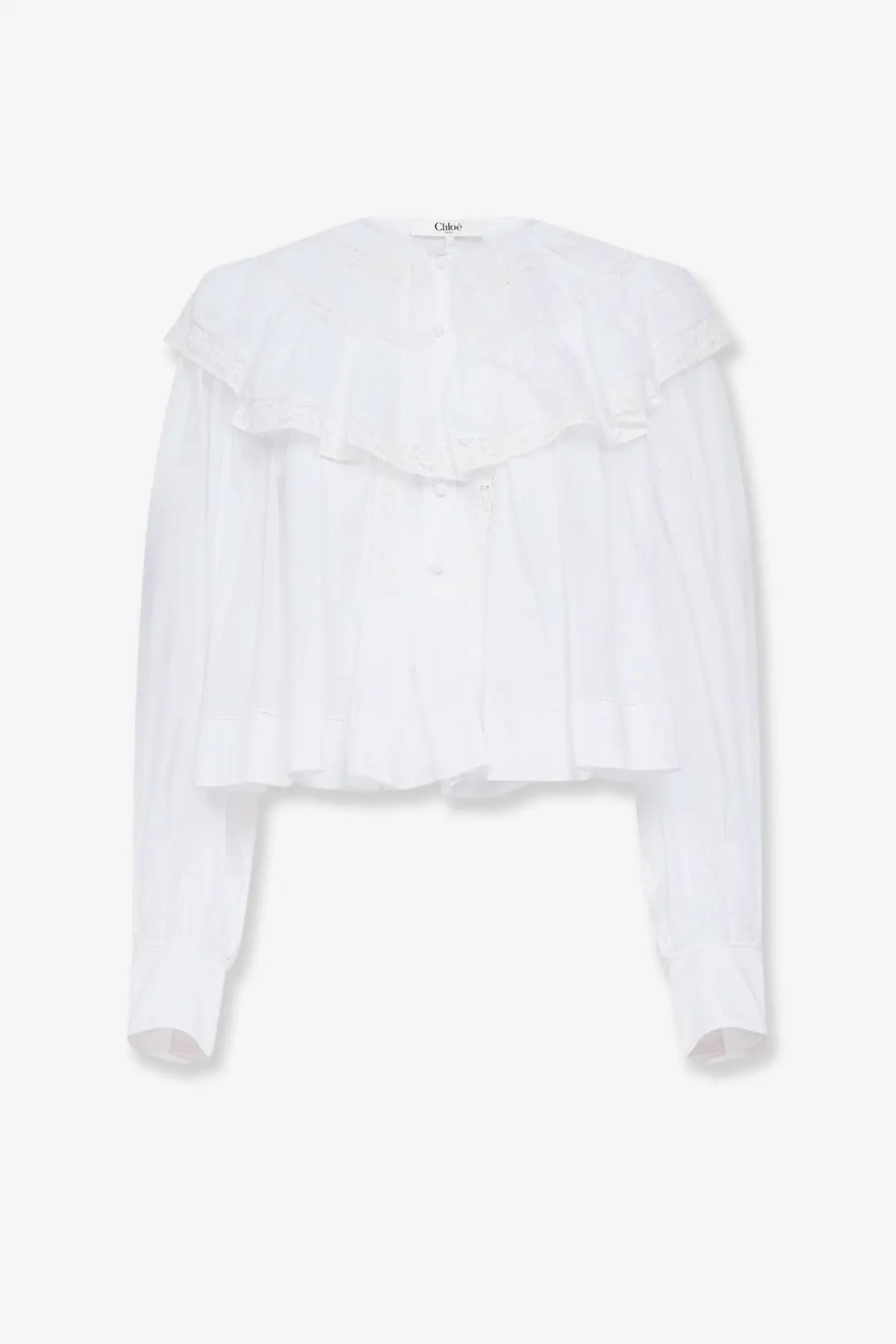 White chloé cotton blouse with layered ruffled detailing and long sleeves for women