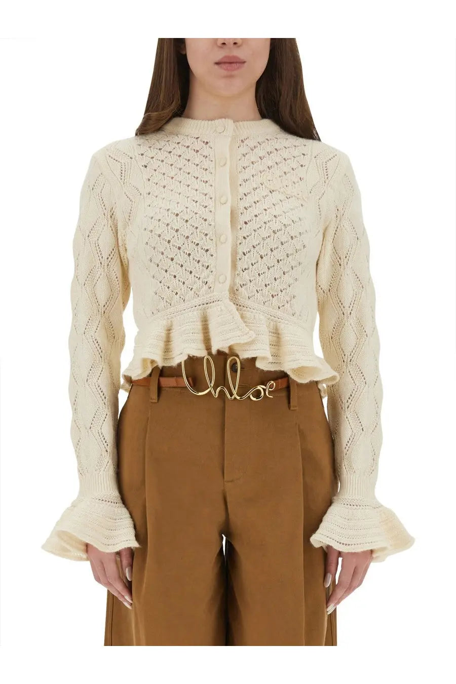 Chloé women’s cream-colored crochet knit cardigan with diamond lacework button-front closure and flared cuffs