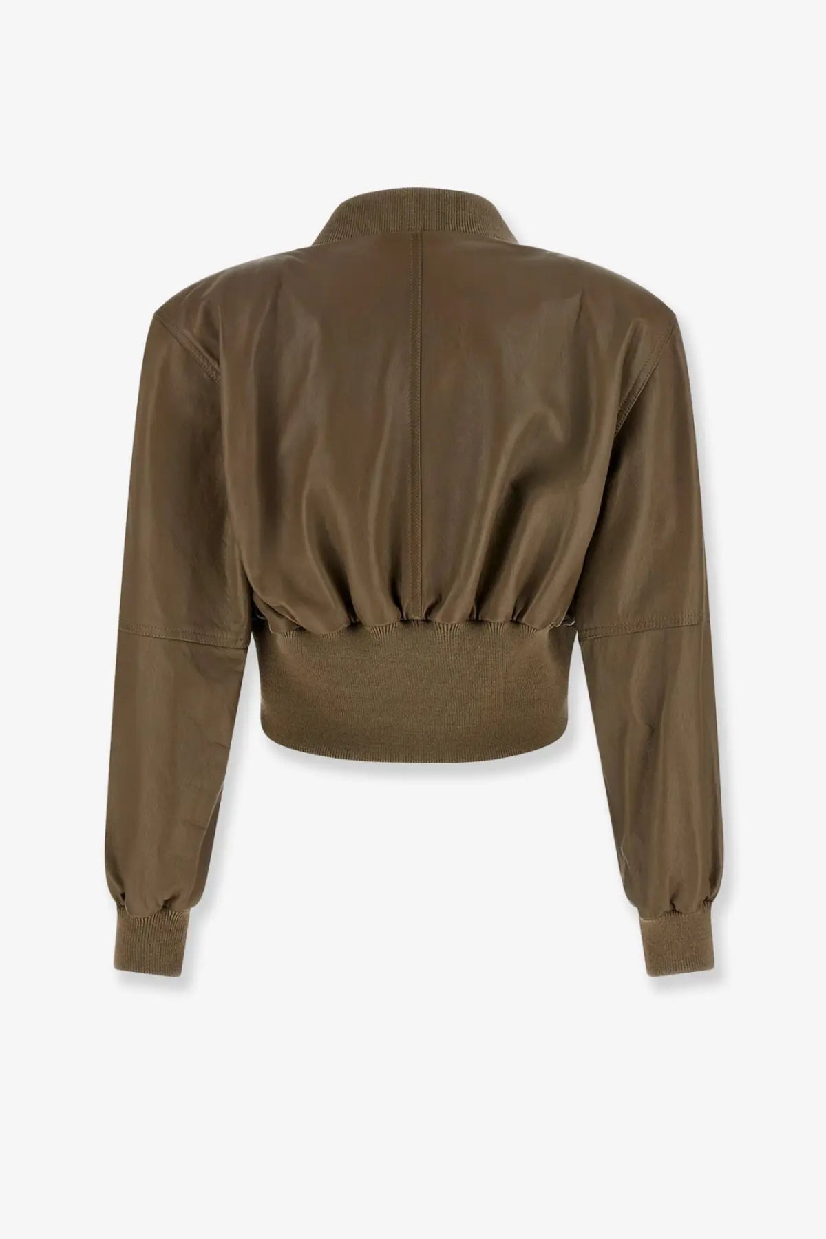 Chloé women’s olive green cropped bomber leather jacket with ribbed cuffs and collar brown style