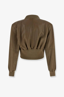 Chloé women’s olive green cropped bomber leather jacket with ribbed cuffs and collar brown style