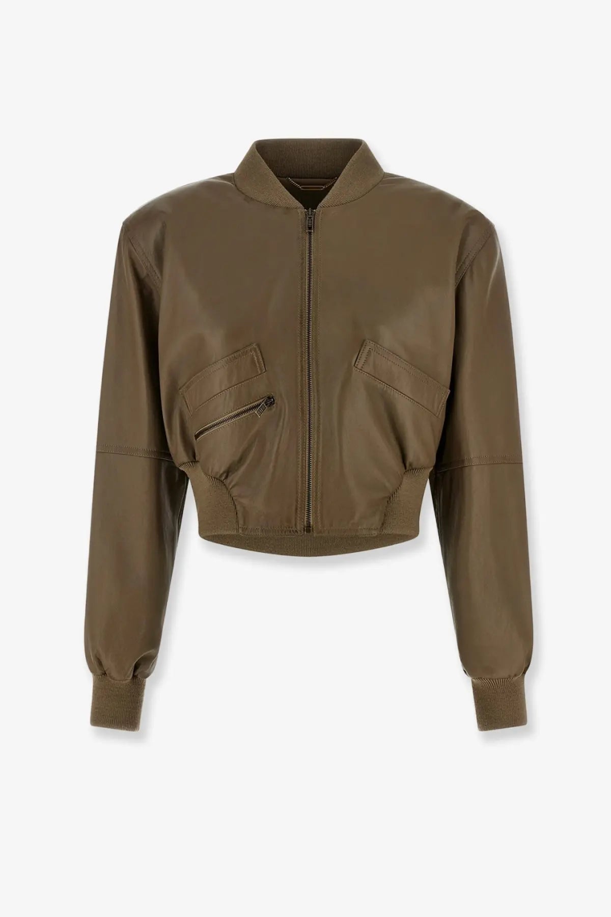 Chloé women’s crop fit olive green faux leather bomber jacket with zippered pockets and ribbed cuffs
