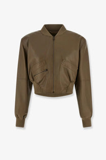 Chloé women’s crop fit olive green faux leather bomber jacket with zippered pockets and ribbed cuffs