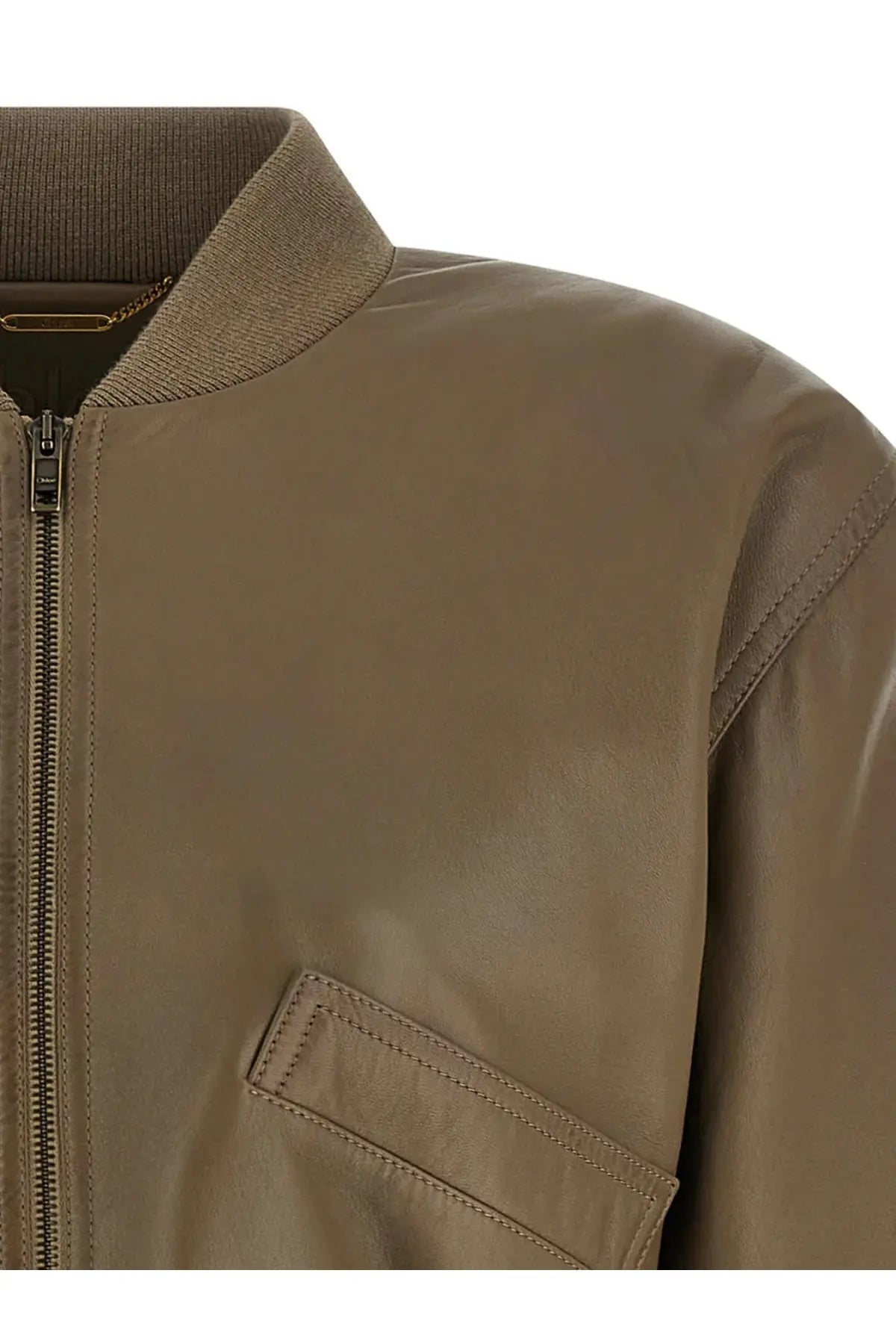 Chloé women’s crop fit leather jacket in tan brown with ribbed collar and front zipper bomber style