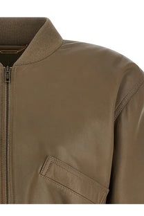 Chloé women’s crop fit leather jacket in tan brown with ribbed collar and front zipper bomber style